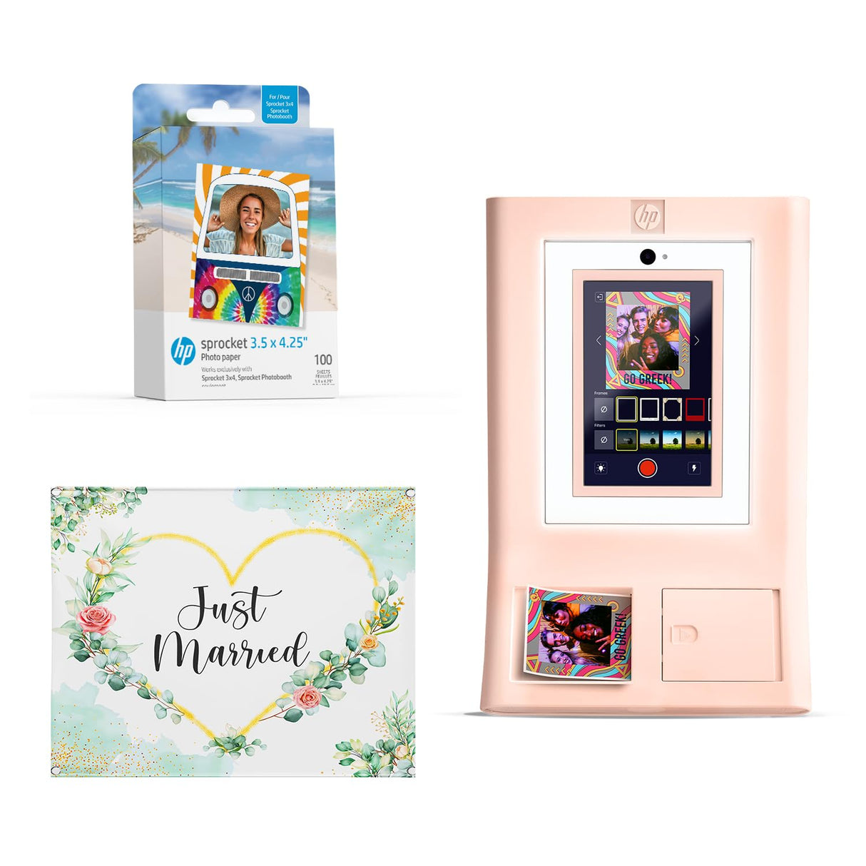 HP Sprocket Cabina fotográfica Impresora instantánea de Color (Rosa) + Papel Zink (100 Hojas) + Fondo fotográfico de Boda (1)