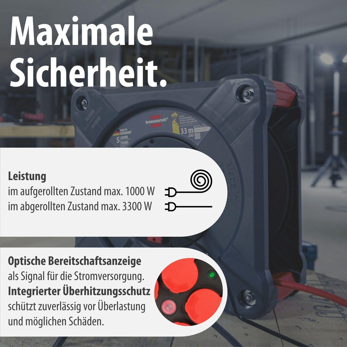 Brennenstuhl Profesional KA 3210 5 IP44 Carrete de cable para instalaciones de construcción (cable H07BQ-F 3G2,5 de 33 m en rojo, 5 enchufes, uso en obra y exterior permanente, fabricado en Alemania)