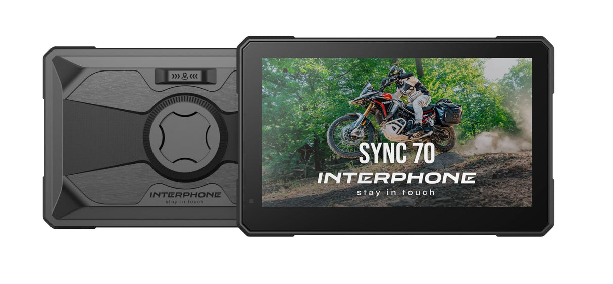 INTERPHONE SYNC70 Carplay - Pantalla para Moto Apple y Android – Pantalla de 7 Pulgadas WiFi y Bluetooth con detección de ángulo Muerto y cámaras duales – Pantalla Carplay con Soporte QUIKLOX, IP66