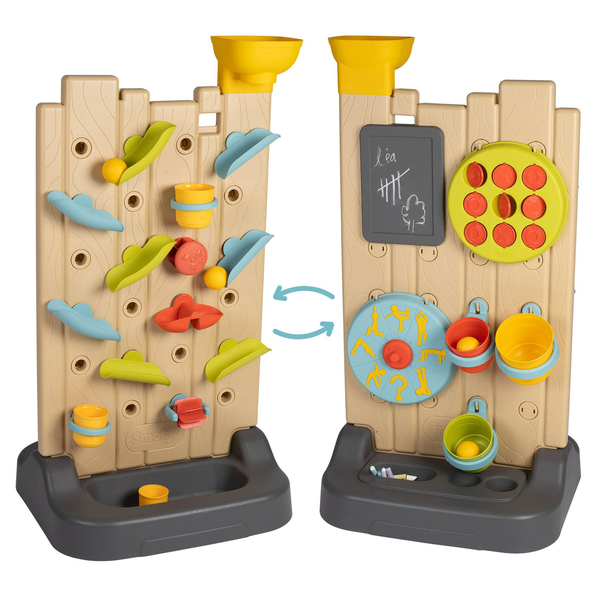Smoby- Muro de Actividades Doble Cara- Diversión 6 en 1 Circuito de Bolas y Agua, Tres en Raya, Pizarra, Juego de Lanzar Pelotas y más, 29 Accesorios, A Partir de 2 Años (7600840300)