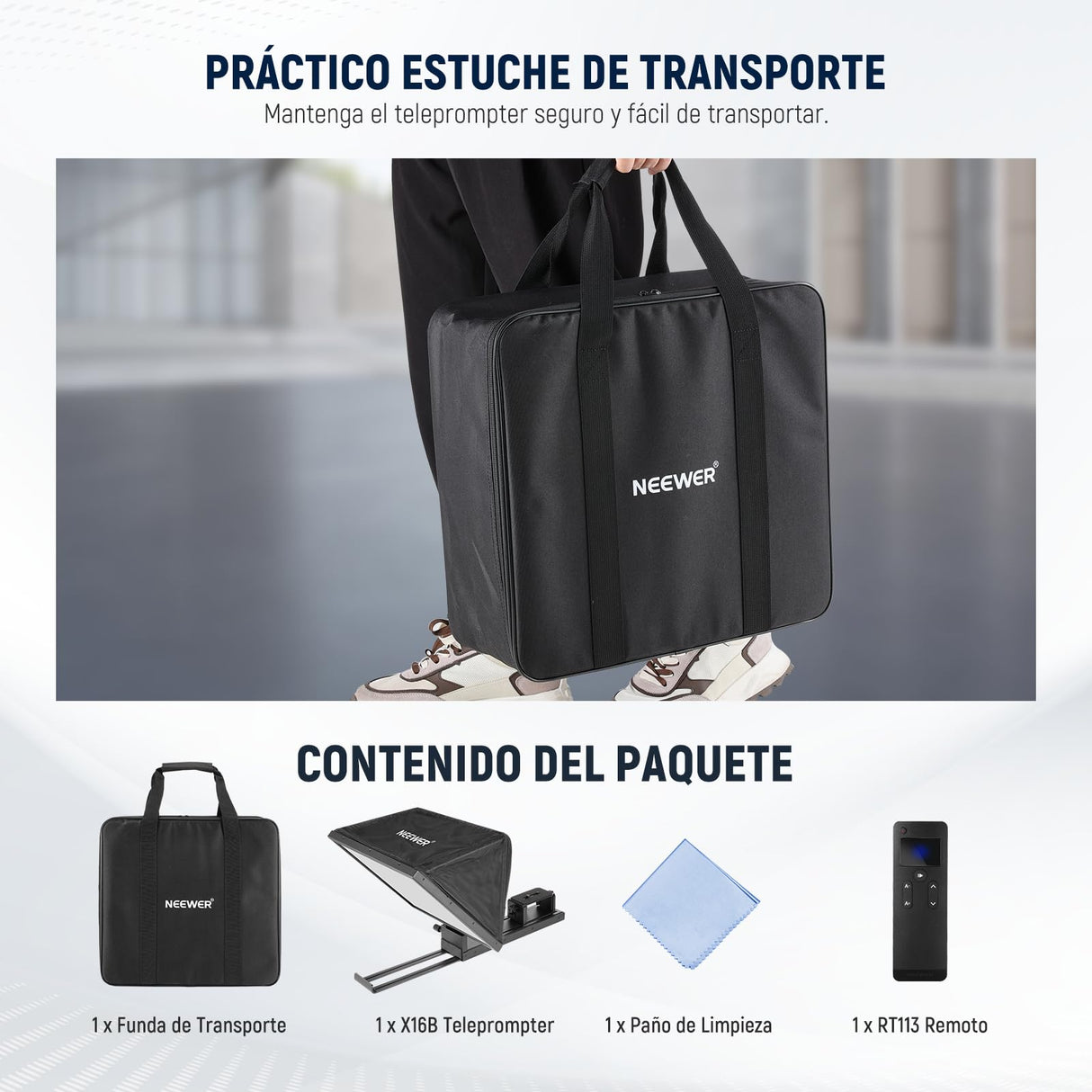 NEEWER Basic X16B Teleprompter Elevable Aleación Aluminio 16"" para iPad, Tableta Celular Cámara DSLR sin Ensamblaje, Remoto y APP Control, Compatible con iOS y Android, para Enseñar y Live Streaming