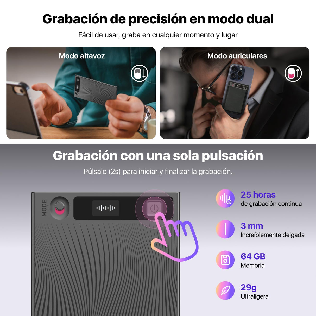 Mobvoi TicNote - Grabadora de Voz IA 64GB con Memoria, Estuche, Control por App, 100+ Idiomas con IA “Shadow“, Grabadora Digital para Llamadas, Clases y Reuniones