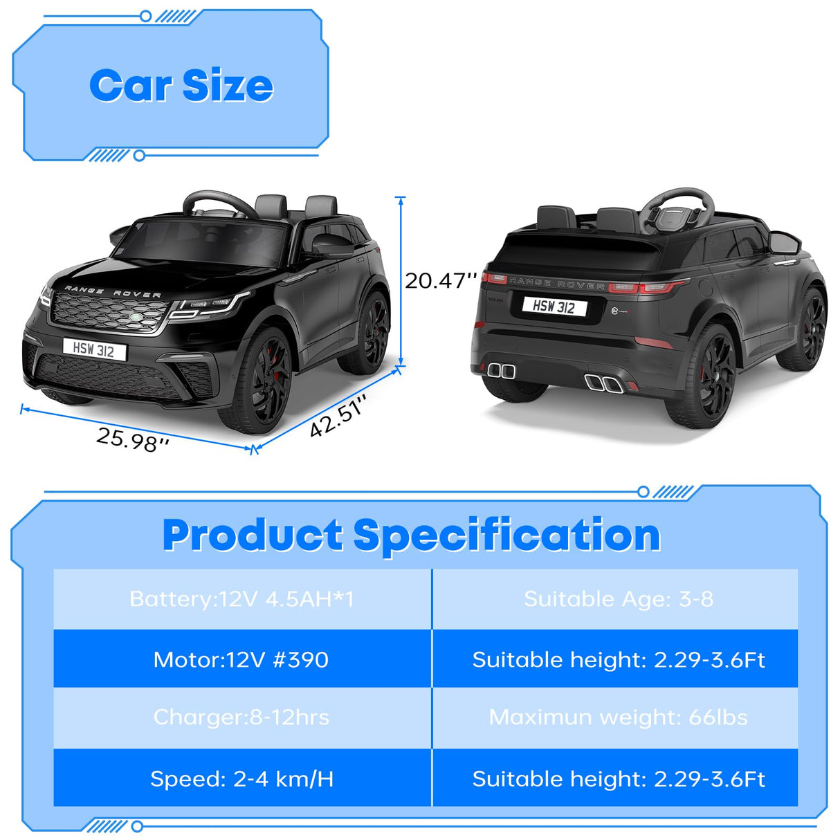 Coche eléctrico para niños, Land Rover con Licencia, 12 V, con Mando a Distancia, música, educación temprana, USB, TF, Mp3, Coche eléctrico para niños a Partir de 3 años (Negro)
