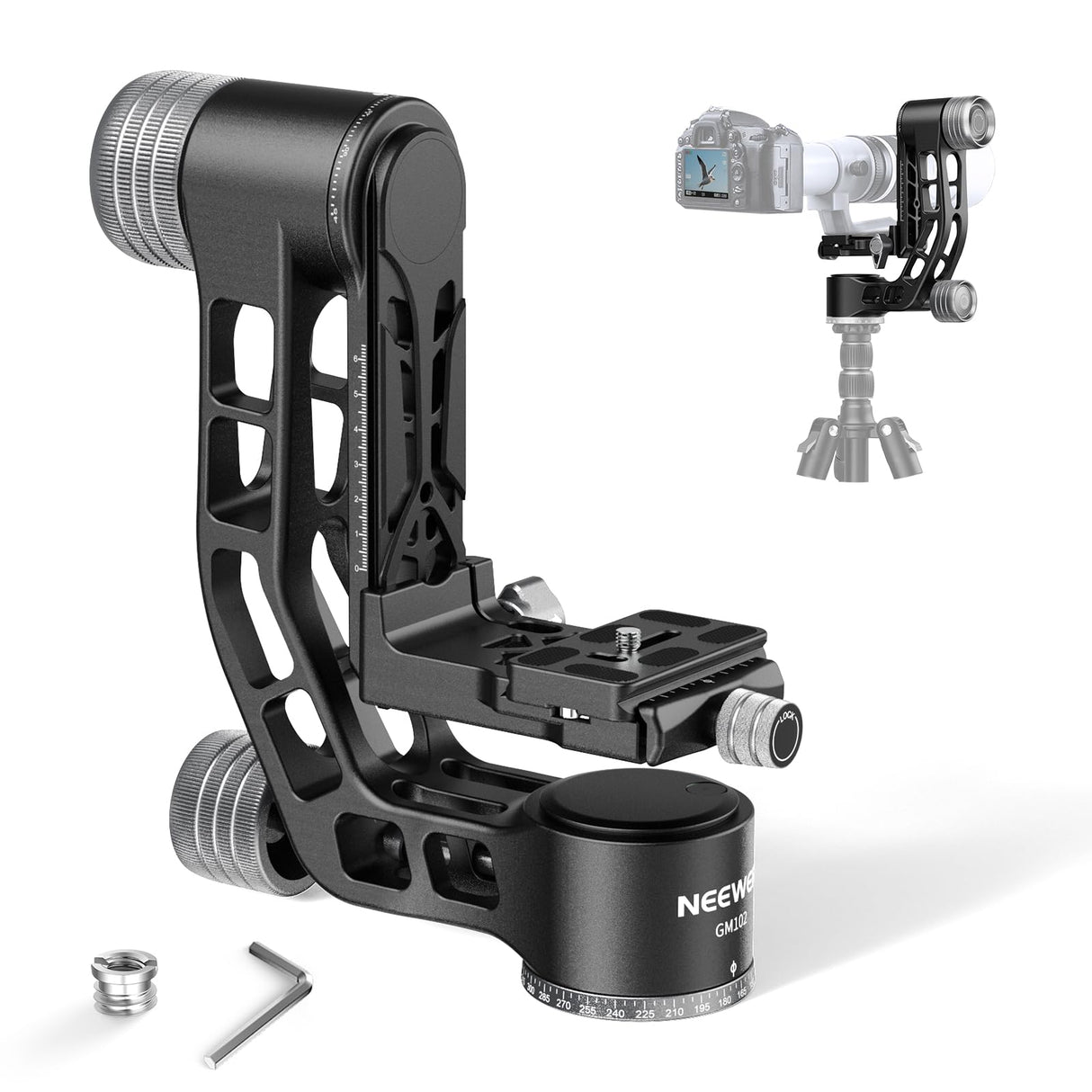 NEEWER GM102 Cabezal Gimbal para Trípode Monópode Teleobjetivos, 360° Cabezal Trípode Cámara Panorámica, Ajuste 3 Ejes, Aleación Aluminio CNC Resistente, Liberación Rápida Tipo Arca, Carga Máx 15kg