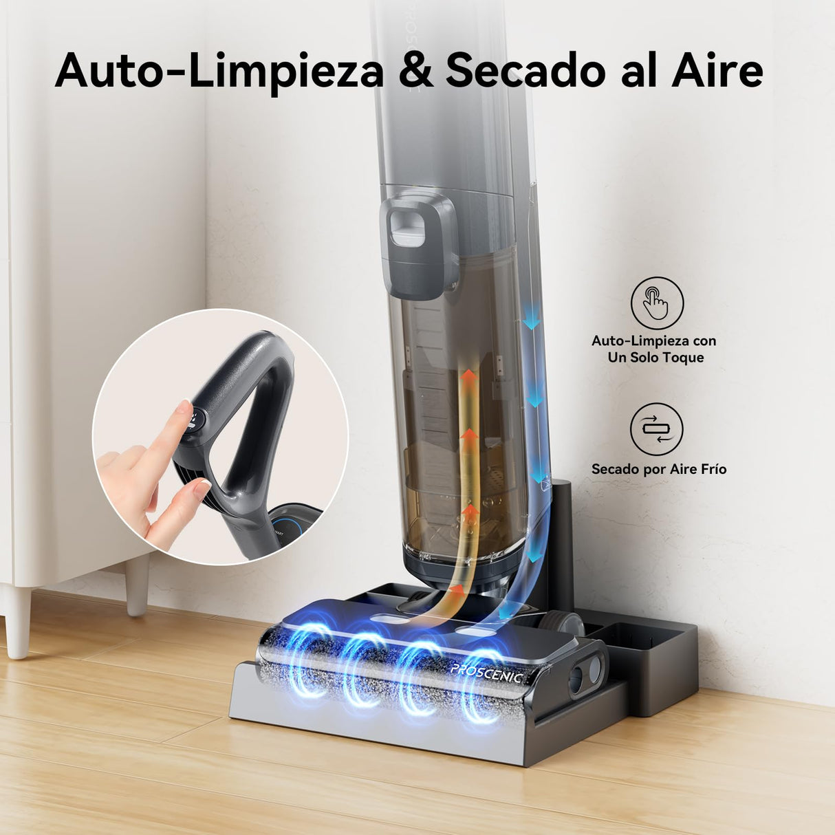 proscenic F20A Aspirador Escoba sin Cables en Seco y Húmedo,35Min, 2L Tanque Agua, Limpieza de Bordes, Autolimpieza, Secado por Aire Frío, LED Pantalla, Suelos Duros y Pelo de Mascotas