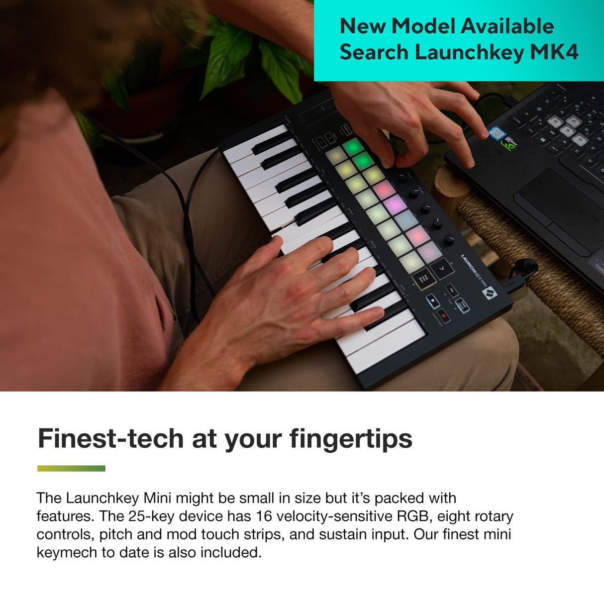 Novation Launchkey Mini [MK3] — Controlador de teclado MIDI de 25 teclas portátil con USB e integración de DAW. Modo de acordes fijos y arpegiador — para producción musical