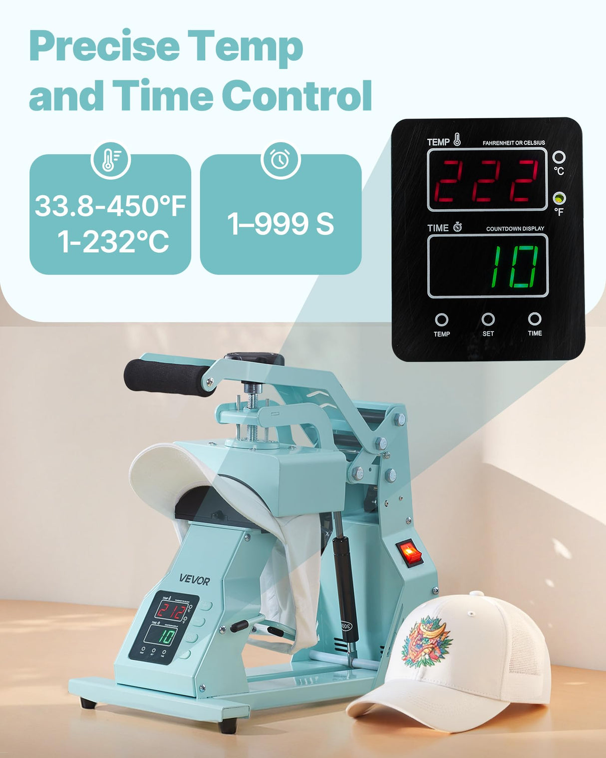 VEVOR Máquina de Prensado Térmico, Prensa de Transferencia Térmica con 2 Platinas Intercambiables, Control Preciso de Tiempo y Temperatura, Máquina de Sublimación HTV para Gorras, Diademas, Verde