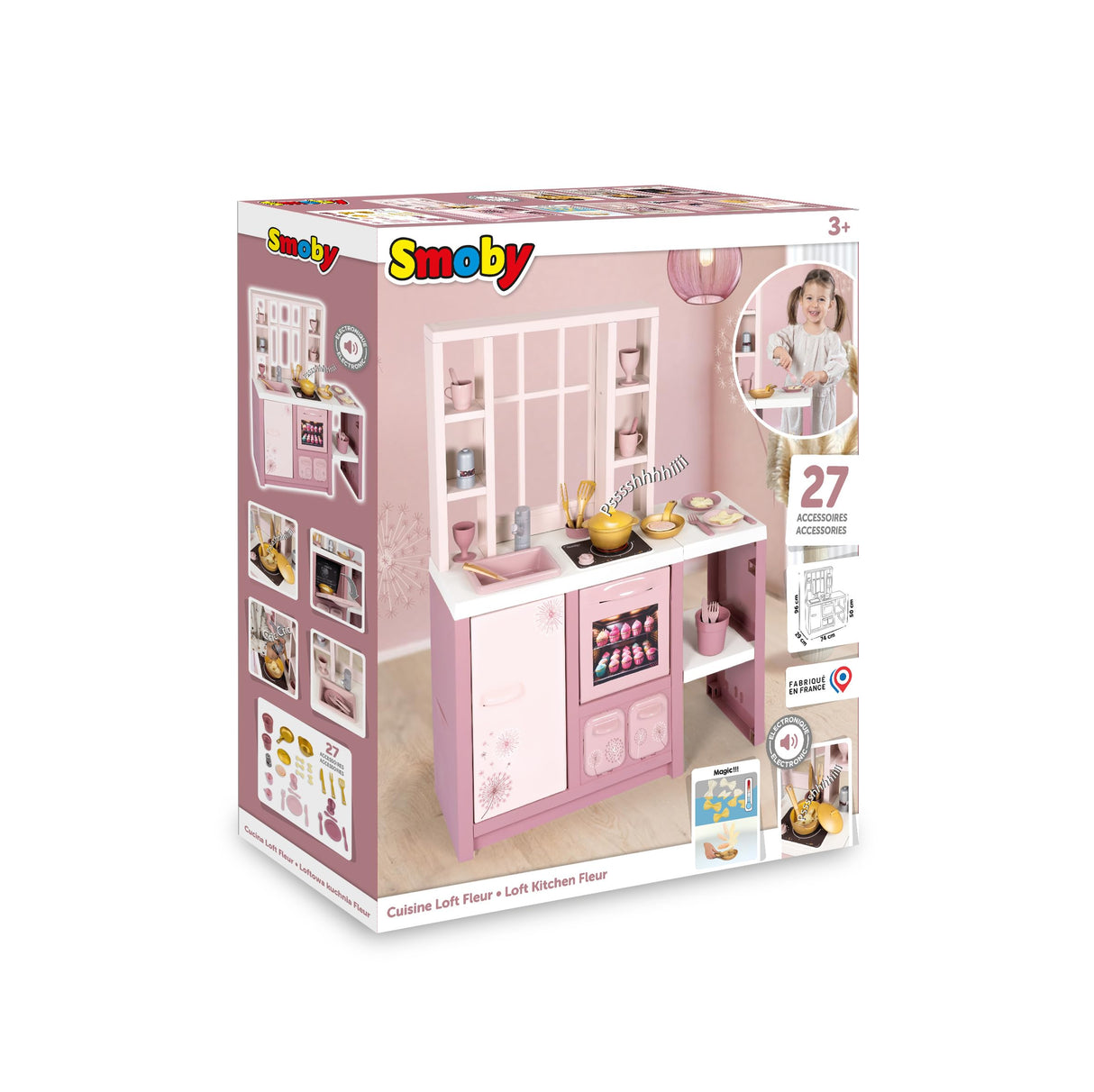 Smoby – Loft Cocina de Juguete Fleur – Cocina Infantil de Estilo Loft Moderno con fogones, Horno, Nevera y 27 Accesorios, para niños a Partir de 3 años