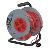 EMOS - Carrete de cable de 25m con cable alargador reforzado - 4 enchufes Schuko - 230 V, 16 A, 3680 W - Aislamiento PVC - H05VV-F3G 2,5 mm2 - Protección contra sobrecalentamiento - IP20 para