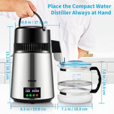 VEVOR Destilador de Agua 4 L Filtro de Destilación de Agua con Recipiente de Vidrio 750W 1 L/H Ajuste de Velocidad, Destilación Filtro Purificador 7,9 lbs de Acero Inoxidable con Pantalla Doble, Plata