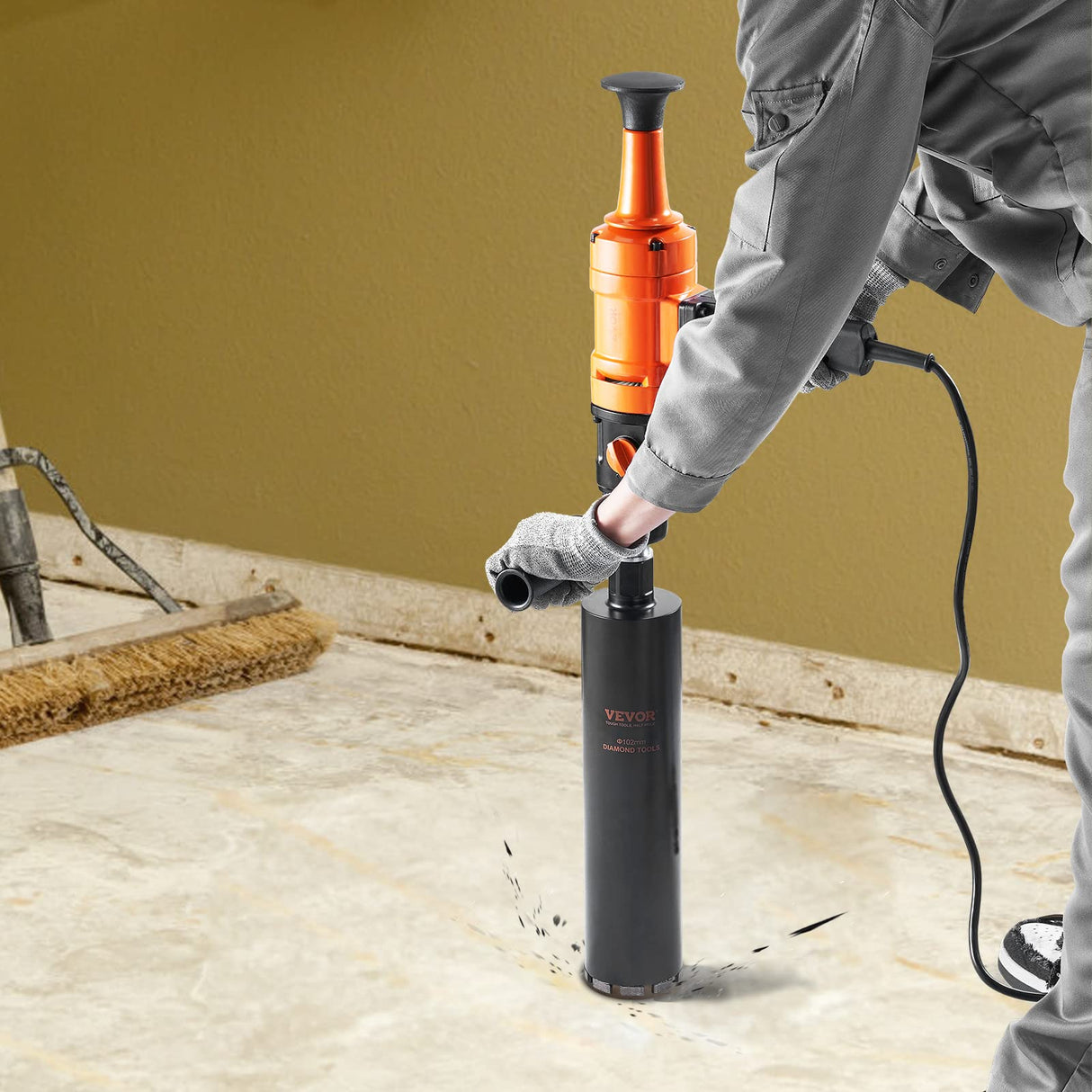 VEVOR Taladro de Diamante Diámetro de 8-10,2 cm Taladro de Mano para Hormigón Profundidad de 400mm Broca Diamantada 1500W 1100/2400 rpm con Extractor de Núcleos y Nivel Construcción de Hormigón Armado