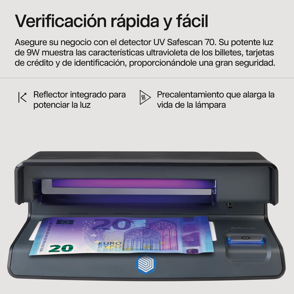 Safescan UV 70 Detector de billetes falsos, verifica billetes, tarjetas de crédito y documentos - Detector UV para nuevos billetes - Detector billetes falsos con luz UV - Detector con luz UV