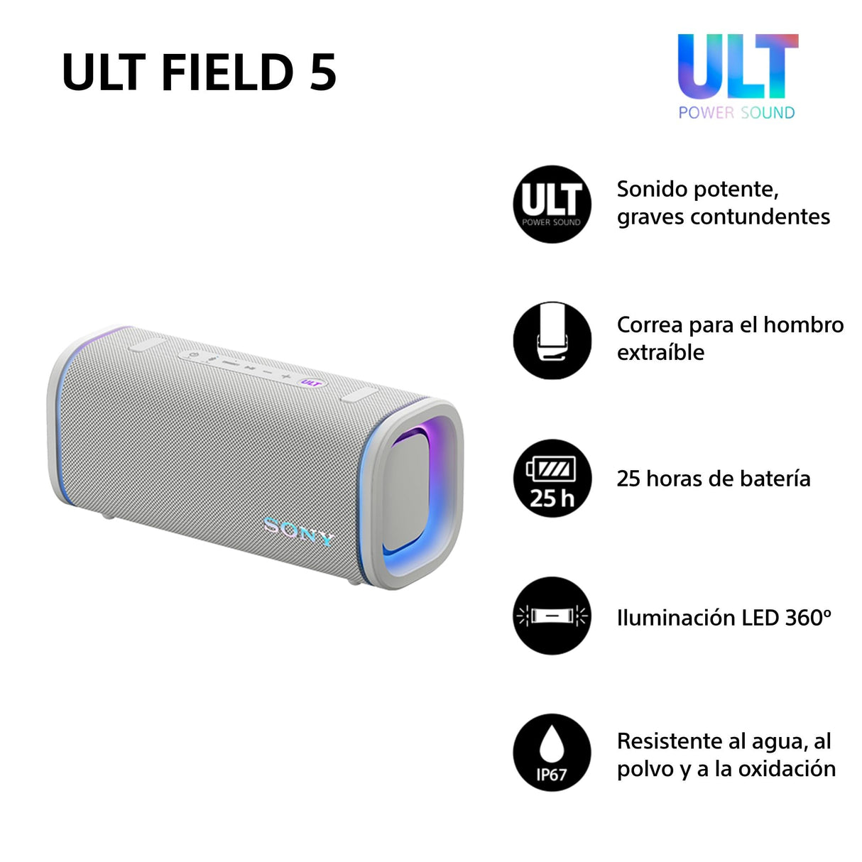 Sony ULT Field 5, Altavoz portátil Bluetooth Potente, 25 H de batería, 2 Modos ULT Power Sound, Resistente al Agua y al Polvo, 360 Luces, Correa Extraible para el Hombro, Compacto, Blanco Marfil