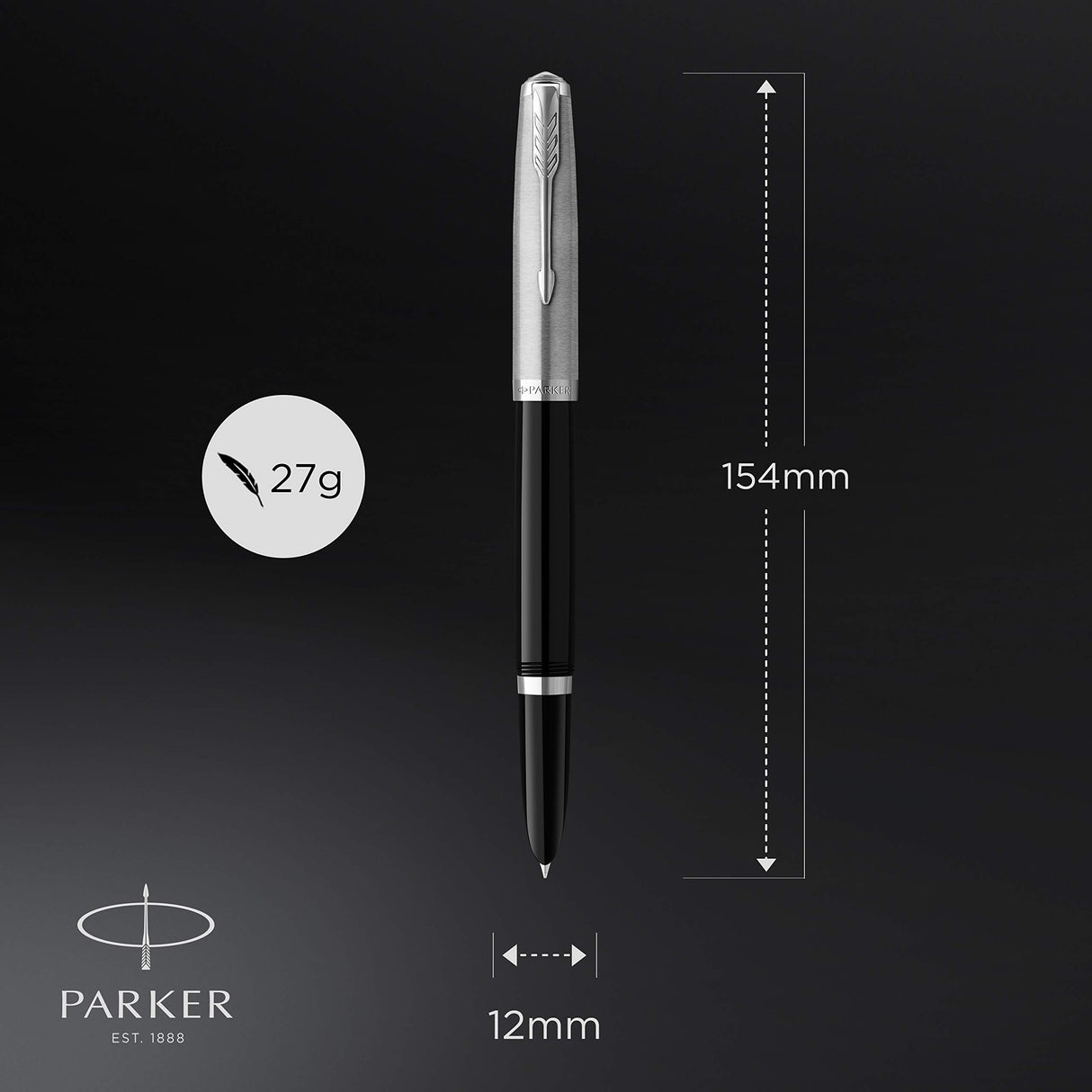 Parker 51 pluma estilográfica | cuerpo negro con adorno cromado | plumín fino con cartucho de tinta negra | estuche de regalo