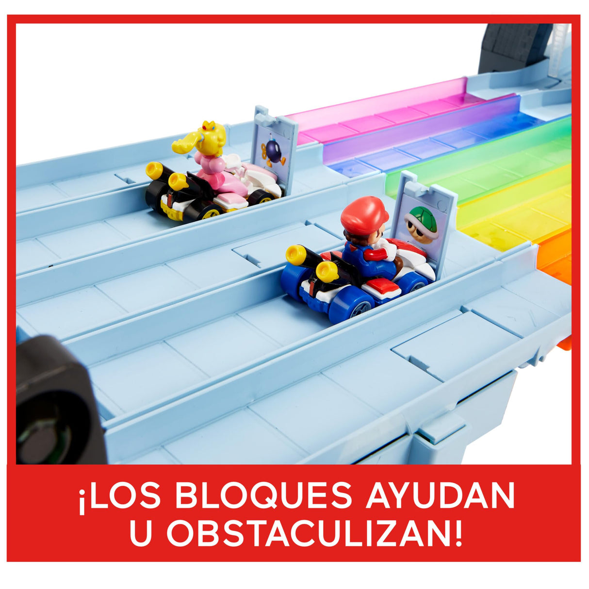 Hot Wheels Mario Kart Pista Arcoiris de Coches de Juguete con Luces y Sonidos, Incluye 2 vehículos Personaje Die-Cast (Mattel GXX41)