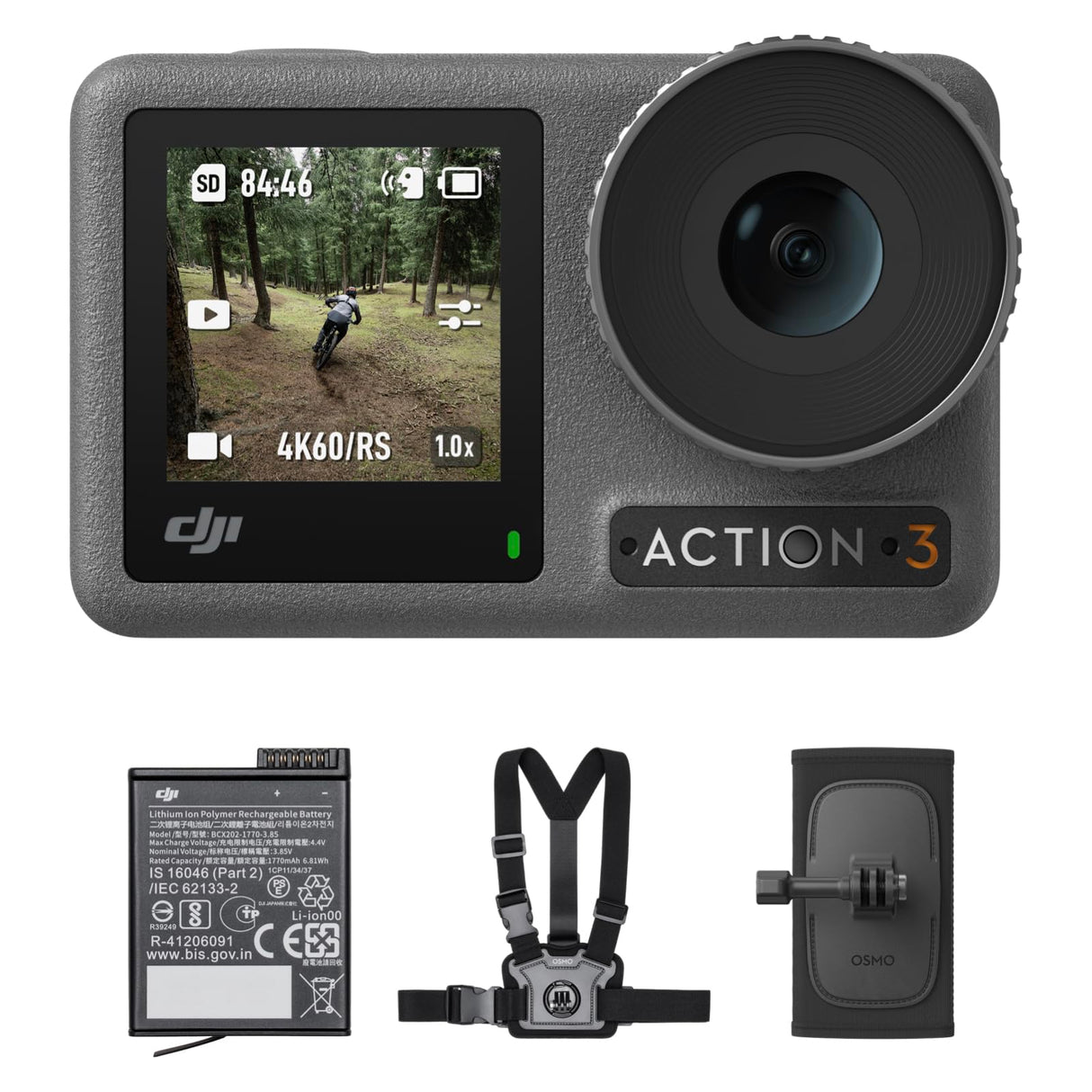 DJI Pack de Exteriores Osmo Action 3-4K/120 fps Cámara de acción con Soportes de Correa de Pecho y de Mochila para Senderismo y Ciclismo, Campo de visión superamplio, HorizonSteady
