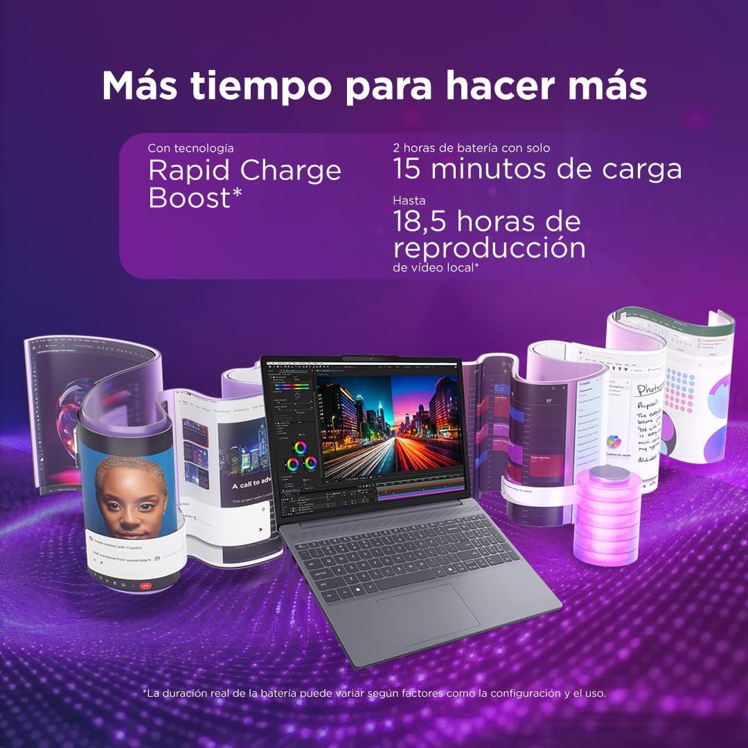 Lenovo IdeaPad Slim 3 Gen 11 – Ordenador Portátil 15.3" WUXGA (Intel Core Ultra 5 322, Copilot+ PC, 16 GB RAM, 1 TB SSD, Wi-Fi 6, USB-C, Windows 11 Home) Teclado QWERTY Español - Gris Luna