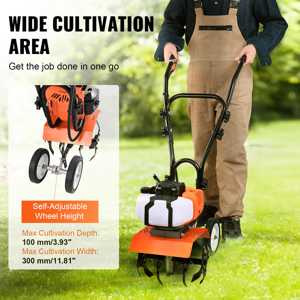VEVOR Motocultor Térmico con Motor de Gasolina de 43 CC de 2 Tiempos con 4 Púas Delanteras Ajustables de Acero Ruedas Grandes Fácil Instalación Cultivador de Tierra para Huerta, Jardinera, Campos