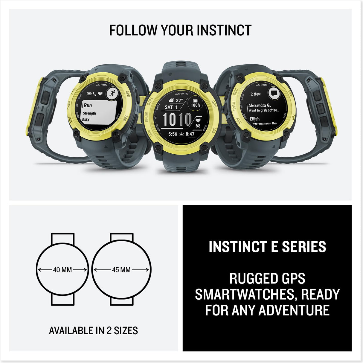 Garmin Instinct E, Reloj Inteligente con GPS, 40 mm, Resistente al Agua, Aplicaciones Deportivas integradas, Monitorización de la Salud, Notificaciones Inteligentes, Amarillo
