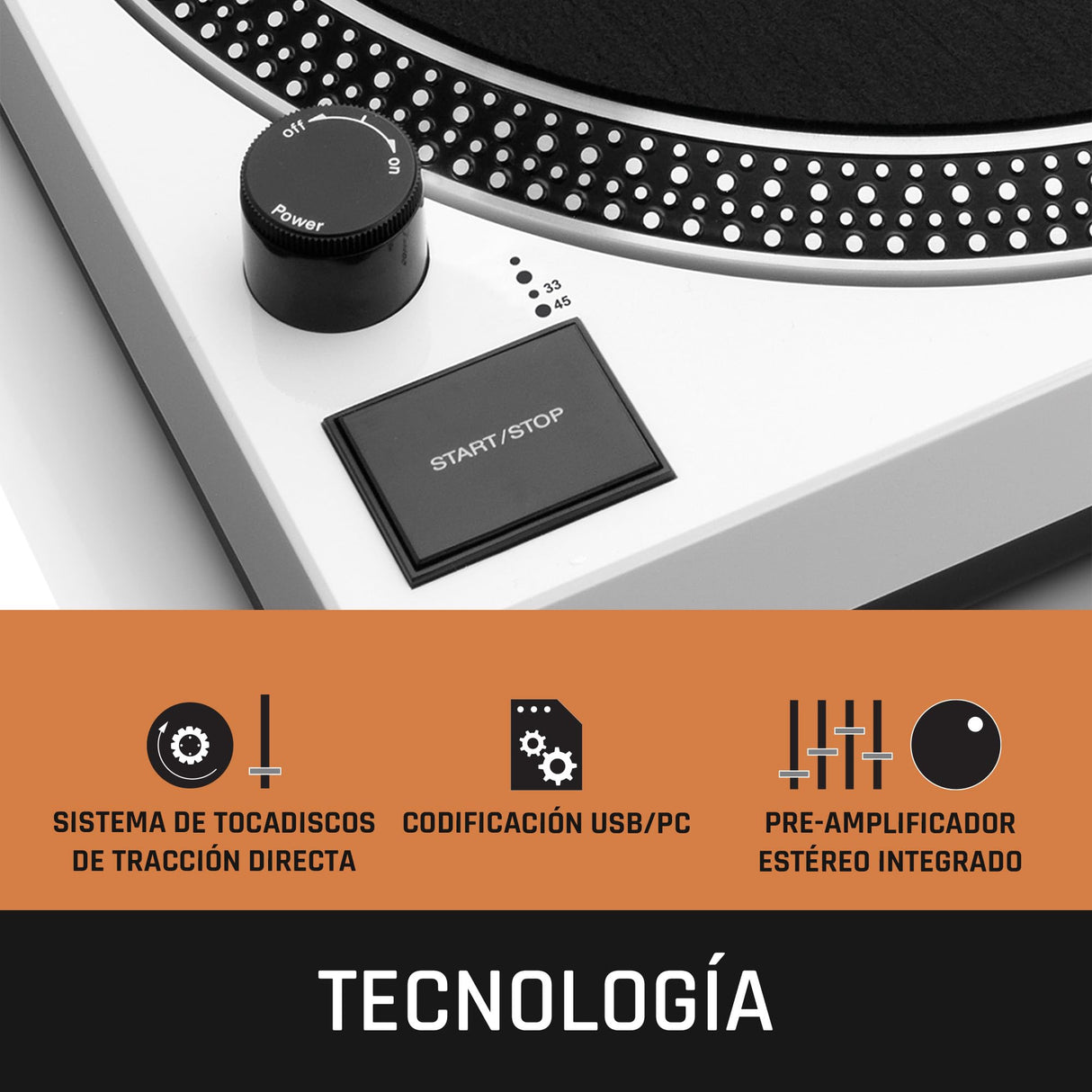 Lenco L-3810WH - Tocadiscos de accionamiento Directo - Control de Tono - Codificación USB/PC - Blanco
