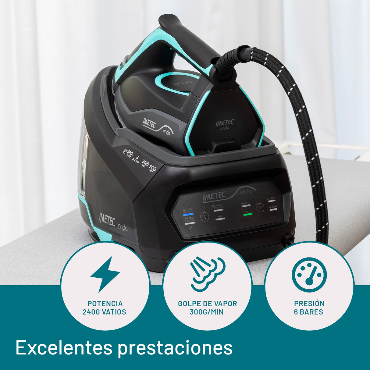 Imetec Onda P1, Centro de planchado, Suela Exclusiva a Ondas Patentada, 2400 W, golpe de Vapor 300 g, 3 Filtros Antical con Iones de Plata, Tecnologia No Stop Autonomía Ilimitada