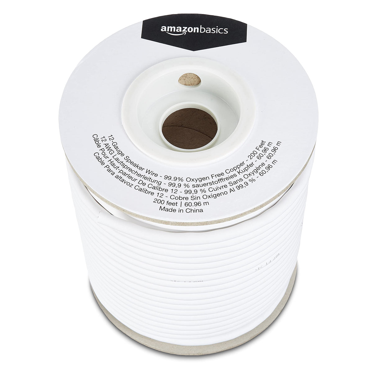 Amazon Basics Cable para altavoz, calibre 12, cobre libre de oxígeno al 99,9 %, 61 m, Blanco