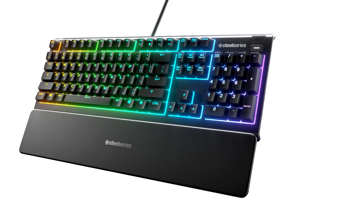 SteelSeries Apex 3 - Teclado RGB para gaming - Iluminación RGB de 10 zonas - Resistencia al agua IP32 - Reposamuñecas magnético superior - Teclado QWERTY Estadounidense