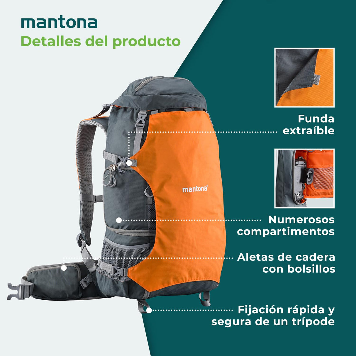 Mantona Mochila para Camera elementsPro 40 - con compartimentos internos ajustables, mucho espacio de almacenamiento para cámara y accesorios, computadora portátil, incl. cubierta de lluvia