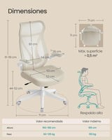 SONGMICS Silla de Oficina, Silla de Escritorio, Respaldo Ergonómico, Altura Ajustable, Reposabrazos Plegables, Silla Giratoria con Reposacabezas, Carga de 150 kg, Beige Capuchino OBN088K01