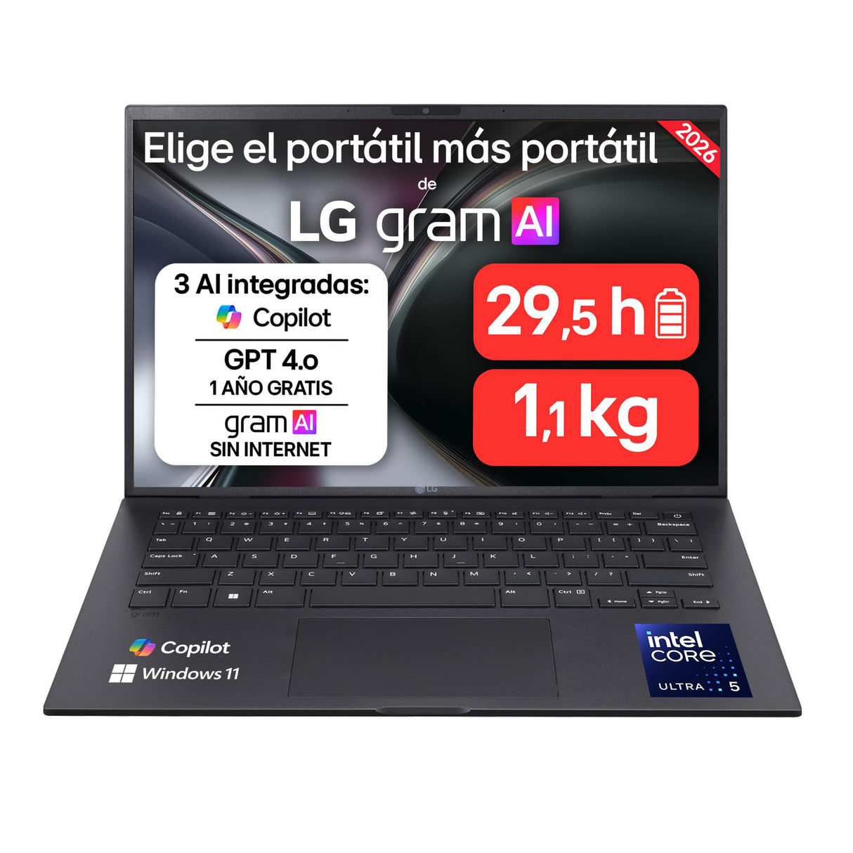 LG 14ZB90S-G.AA55BN - Ordenador Portátil gram Ultraligero de 14" Intel Core Ultra 5 115U, 1 GB RAM, 512 GB SSD, ARC Graphics, Pantalla IPS Antirreflejo, 1,120g, 29.5h, Windows 11, QWERTY ES, Negro