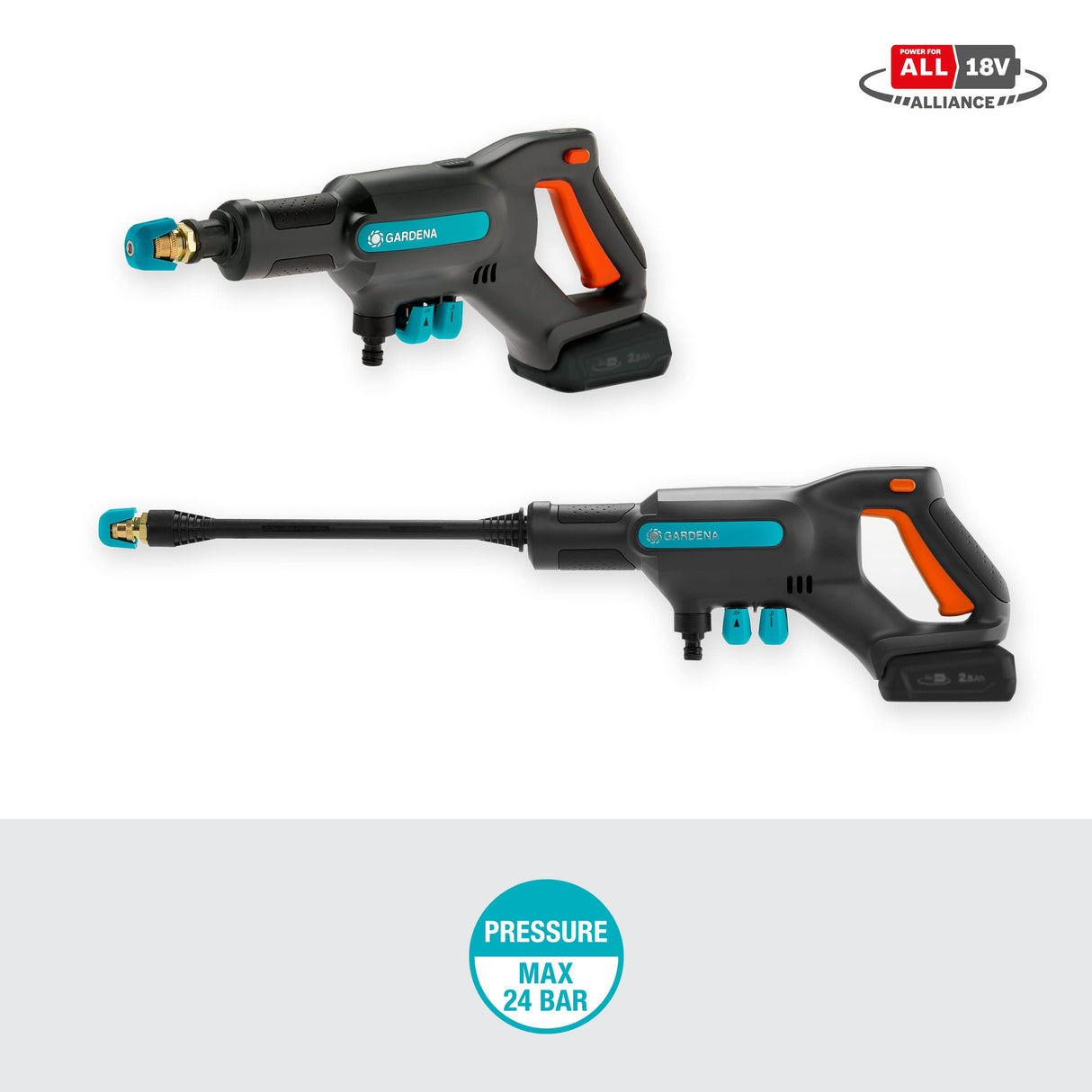 Gardena Set premium para limpiador inalámbrico de presión media AquaClean 24/18V P4A: limpiador inalámbrico equipamiento completo, 3 niveles, presión máx. 24 bar, con batería + cargador (14800-31)
