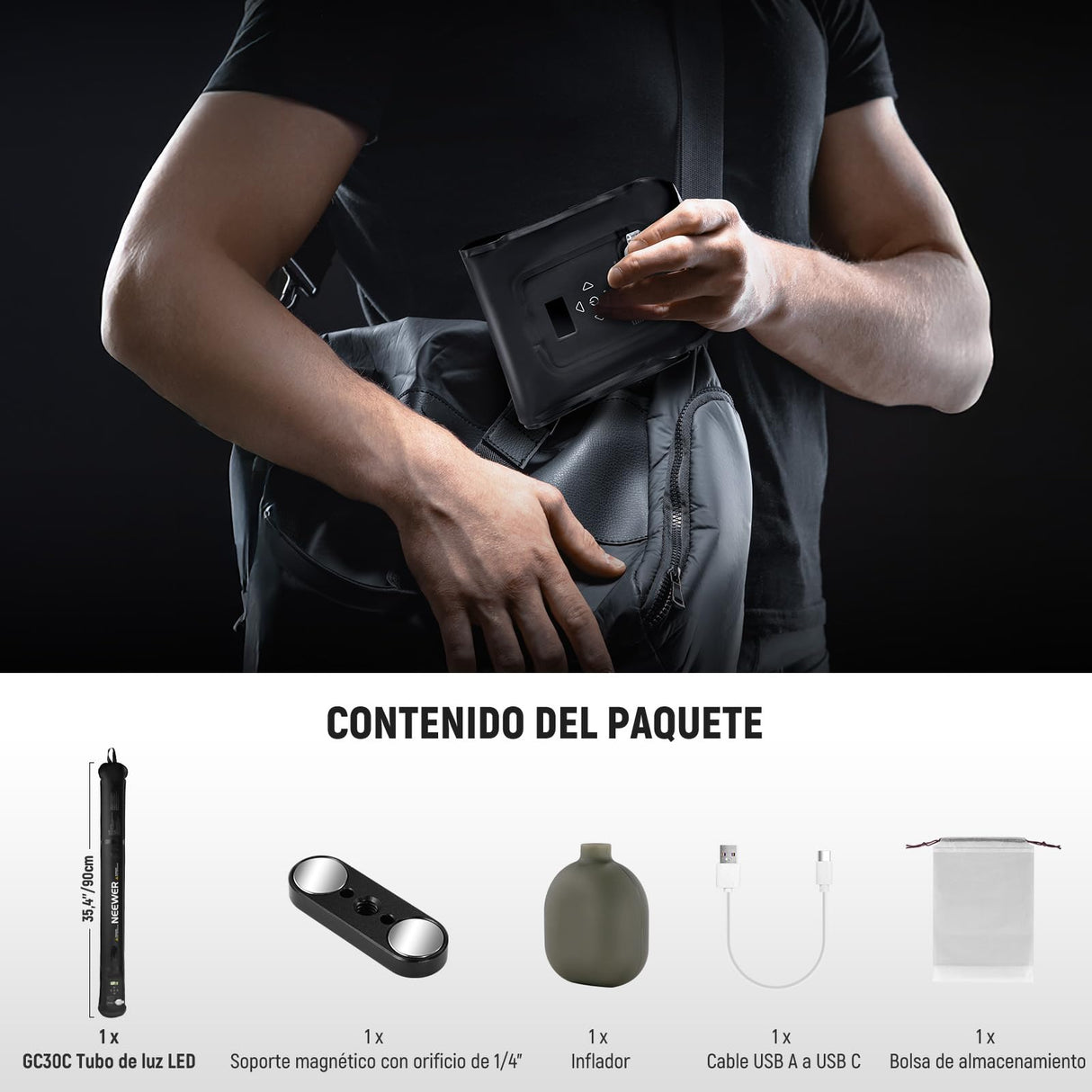 NEEWER Básico 30W Barra de Luz LED RGB Portátil 35.5"/90cm, Palo Foco inflable TPU 5000 mAh Tipo C 45W Entrada/30W Salida 3000lux 17 Efectos 2700-6500K CRI95, para Grabar Estudio y Fotografia, GC30C