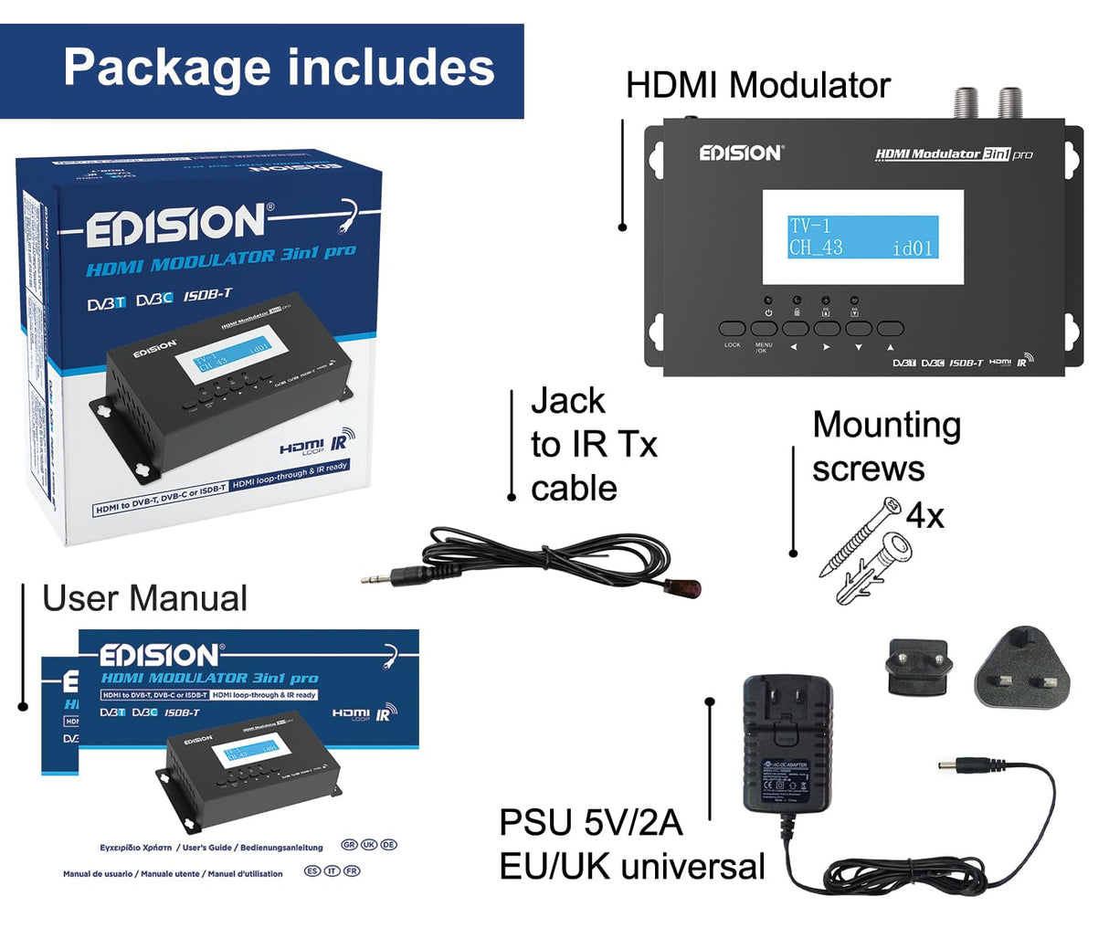 EDISION Modulador HDMI 3en1 Pro a Terrestre DVB-T, ISDB-T o Cable DVB-C, Distribución Full HD Sobre Cable Coaxial, HDMI-Loop, RF IN, Pantalla LCD, Instalación Rápida, Plug & Play