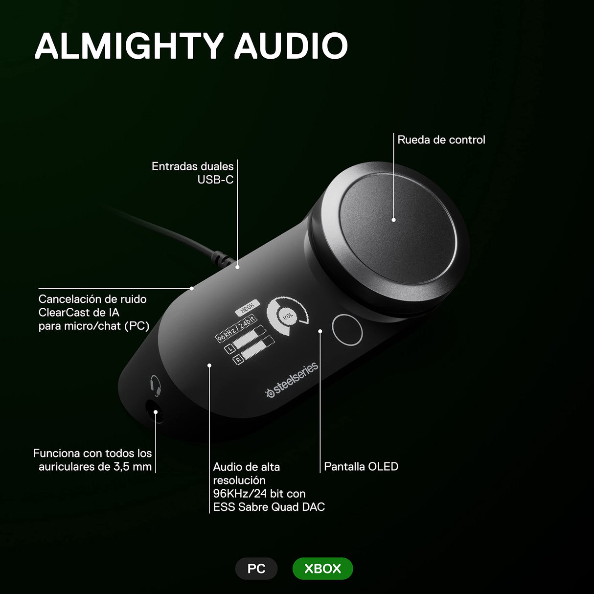 SteelSeries GameDAC Gen 2 (Xbox) amplificador de audio de alta resolución - ESS Sabre Quad-DAC - Cancelación de ruido por IA - Audio espacial 360° - Certificado de alta resolución - PC, Xbox, PS5, PS4