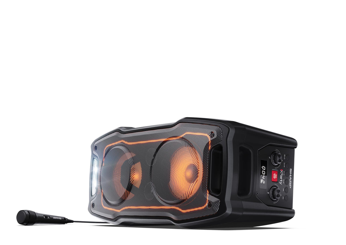 SHARP PS-931 Party Speaker, microfono, TWS, Bluetooth, 2 x USB, 2 puertos 6,3 mm para microfono y guitarra, luces multicolor, 180W p. maxima, bateria litio integrada con hasta 13 horas de reproduccion
