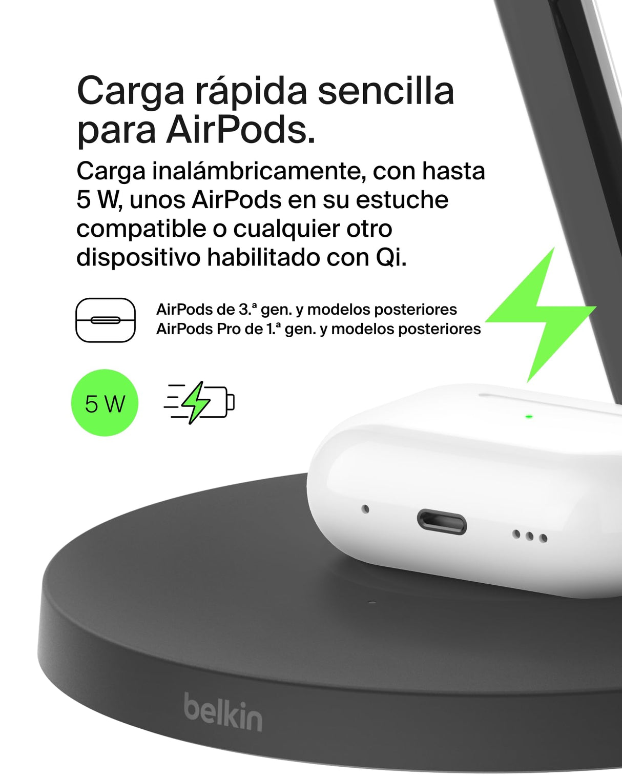 Belkin BoostCharge Cargador Qi2 3 en 1, estación de Carga inalámbrica con MagSafe, Base de Carga Qi2 para iPhone 16 Series, Apple Watch, AirPods, Soporte Antideslizante, Fuente de alimentación, Negro