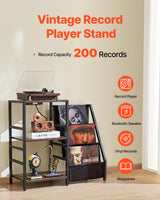VEVOR Soporte para Tocadiscos 840 x 300 x 740 mm de 3 Niveles con Estación de Carga y Puertos USB, Admite Hasta 200 álbumes, Soporte para Tocadiscos con Almacenamiento de Discos de Vinilo, Negro