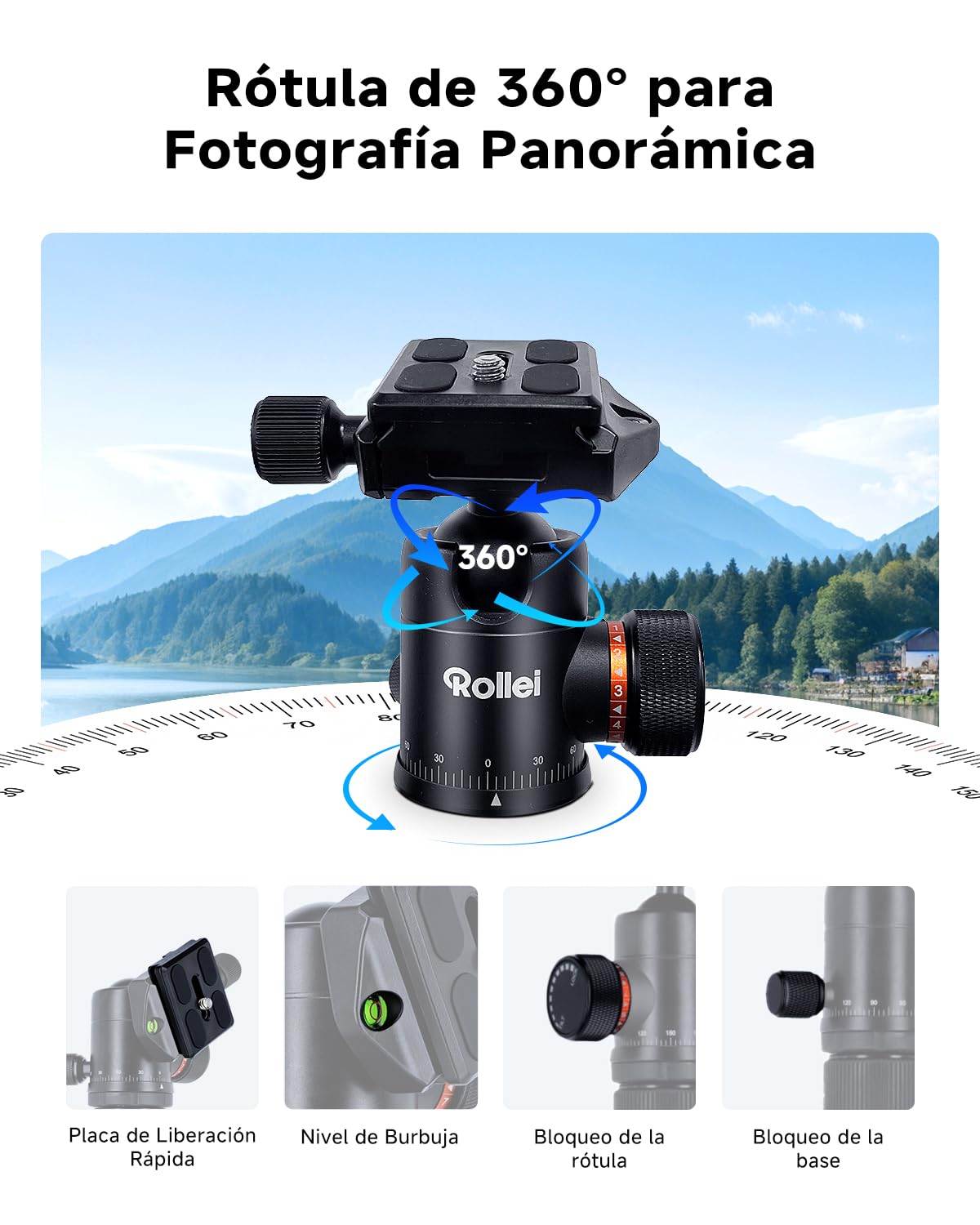 Tripode Camara Rollei C5i Negro, 156cm Tripode Carbono Fotografia de Viaje Portátil Camera Tripod Ligero con Cabezal Esférico de 360° Trípode y Monopie Compacto para Cámaras DSLR y Smartphone