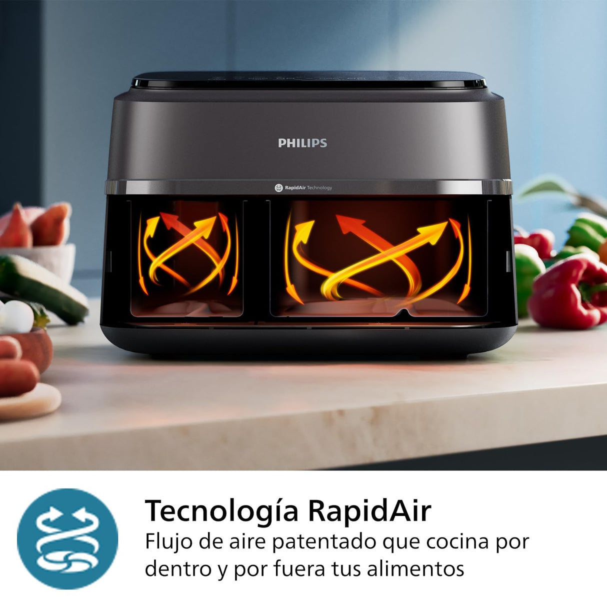 Philips Airfryer Dual Basket Serie 3000, 9L, Freidora de aire con 2 cestas, Kit Desayuno, Tecnología Rapid Air, 99% menos de grasa, ahorro de energía, ideal para familias, App HomeID (NA350/03)