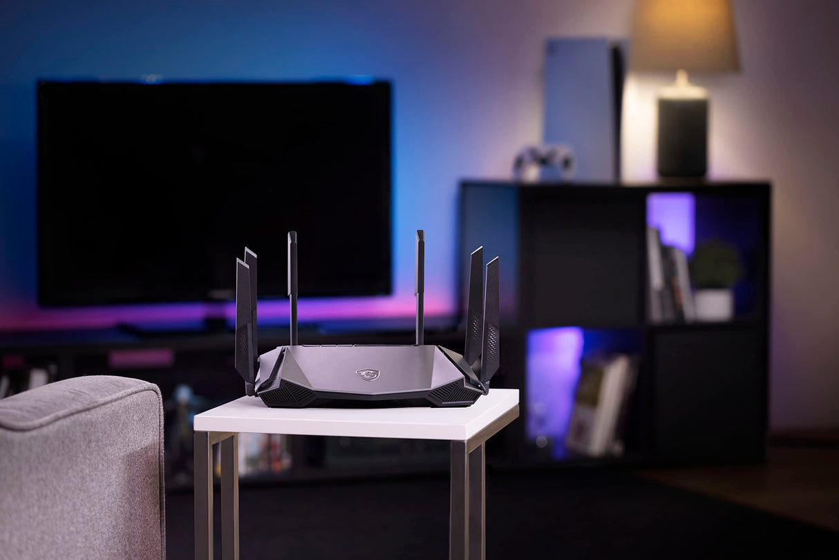 MSI RadiX AX6600 WiFi 6 Router Gaming Tres Bandas - WLAN Rápida de hasta 6600 Mbps (5GHz, 2.4GHz Inalámbrico), AI QoS Priority, MU-MIMO, Beamforming, WPA3, 2.5G WAN/LAN & 4 x 1G LAN Ports