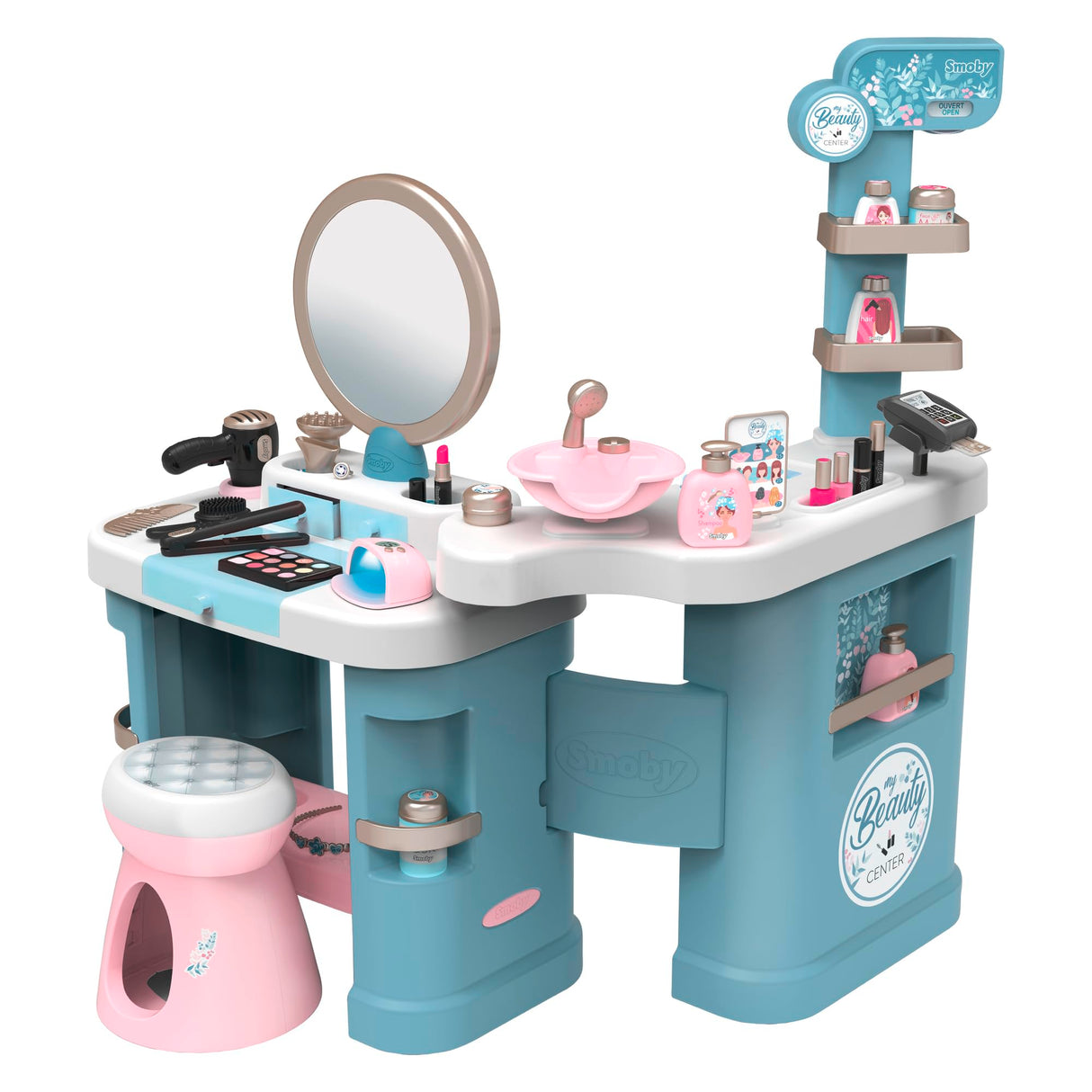 Smoby- Centro de Belleza My Beauty Center, 3 Zonas de Juego: Cosmética, Zona Lavado de Pelo, Caja mostrador, 32 Accesorios, A Partir de 3 años Medidas Montado: 97.5 x 51.4 x 100.2cm (7600320240)