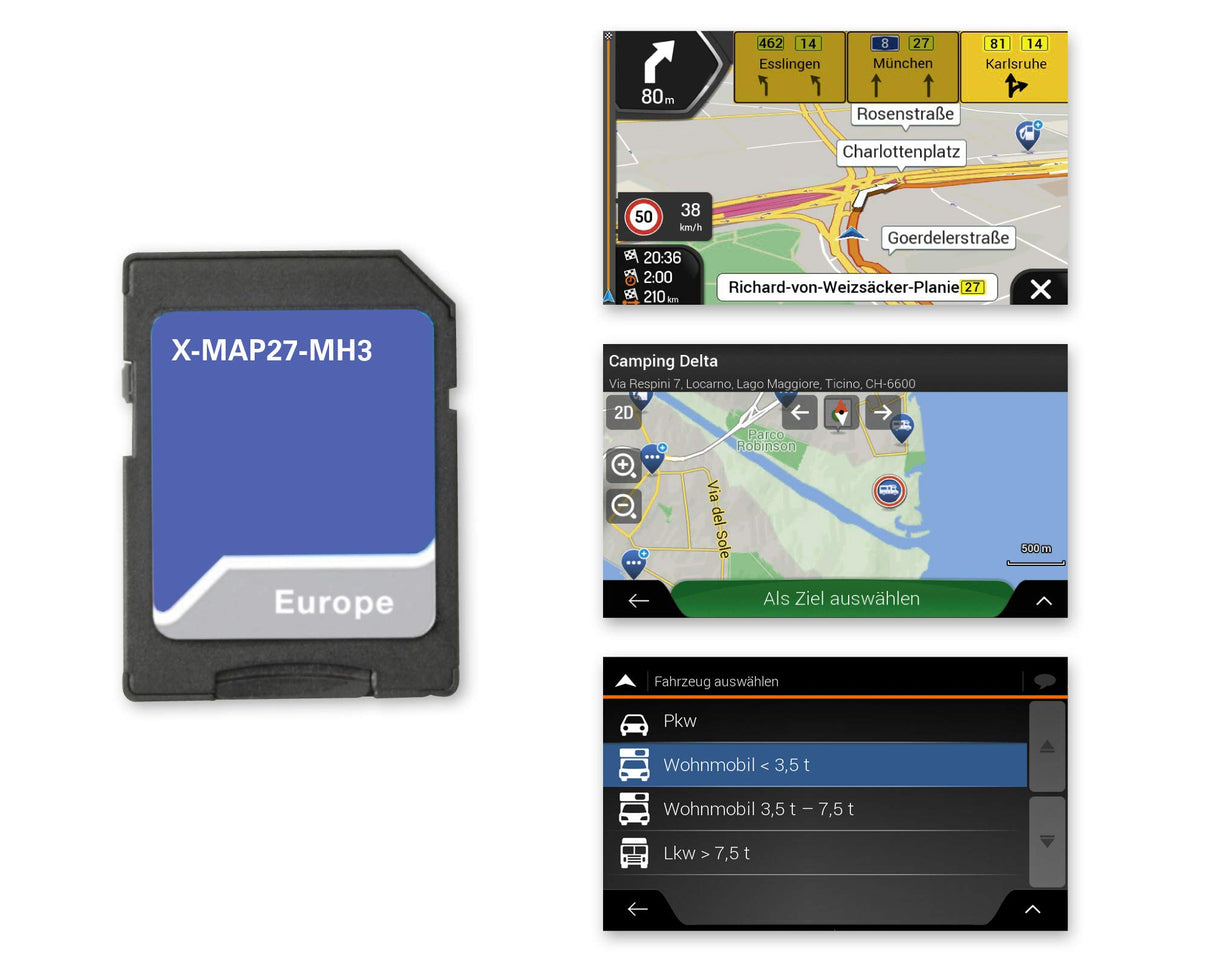 Xzent X-MAP27-MH3: Tarjeta Micro SD con navegación de Autocaravana para XZENT X-427 y X-F270, mapas para Europa, Camping P.O.I. Paquete de 3 años de actualizaciones gratuitas de mapas
