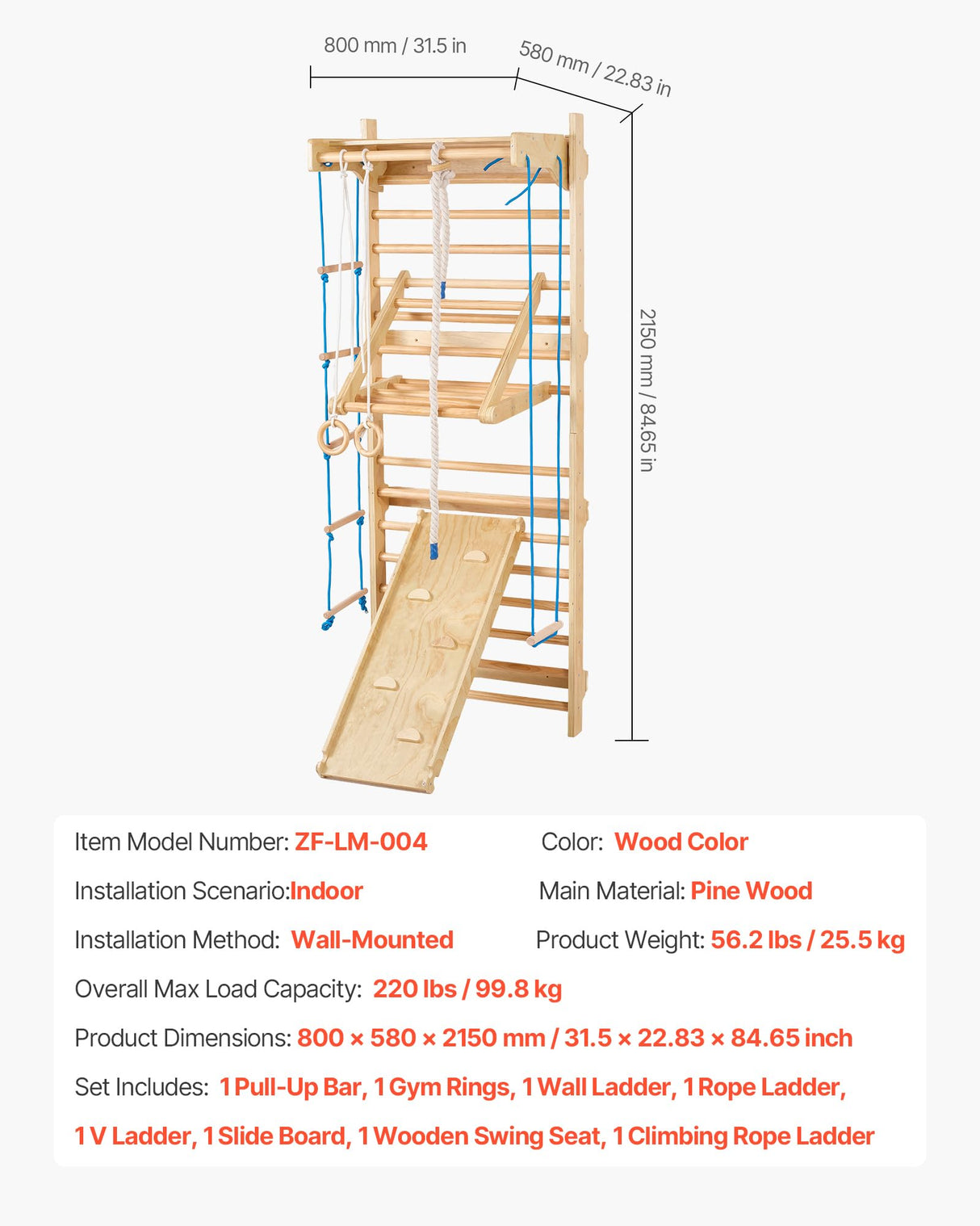 VEVOR-8 en 1 Kit de Escalada Niveles Pared, Tobogán, Barra de Dominadas, Anillas de Gimnasio, Columpio y Escalera de Cuerda, Color Madera (15 Levels Solid Wood Indoor Jungle Gym)