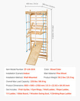 VEVOR-8 en 1 Kit de Escalada Niveles Pared, Tobogán, Barra de Dominadas, Anillas de Gimnasio, Columpio y Escalera de Cuerda, Color Madera (15 Levels Solid Wood Indoor Jungle Gym)