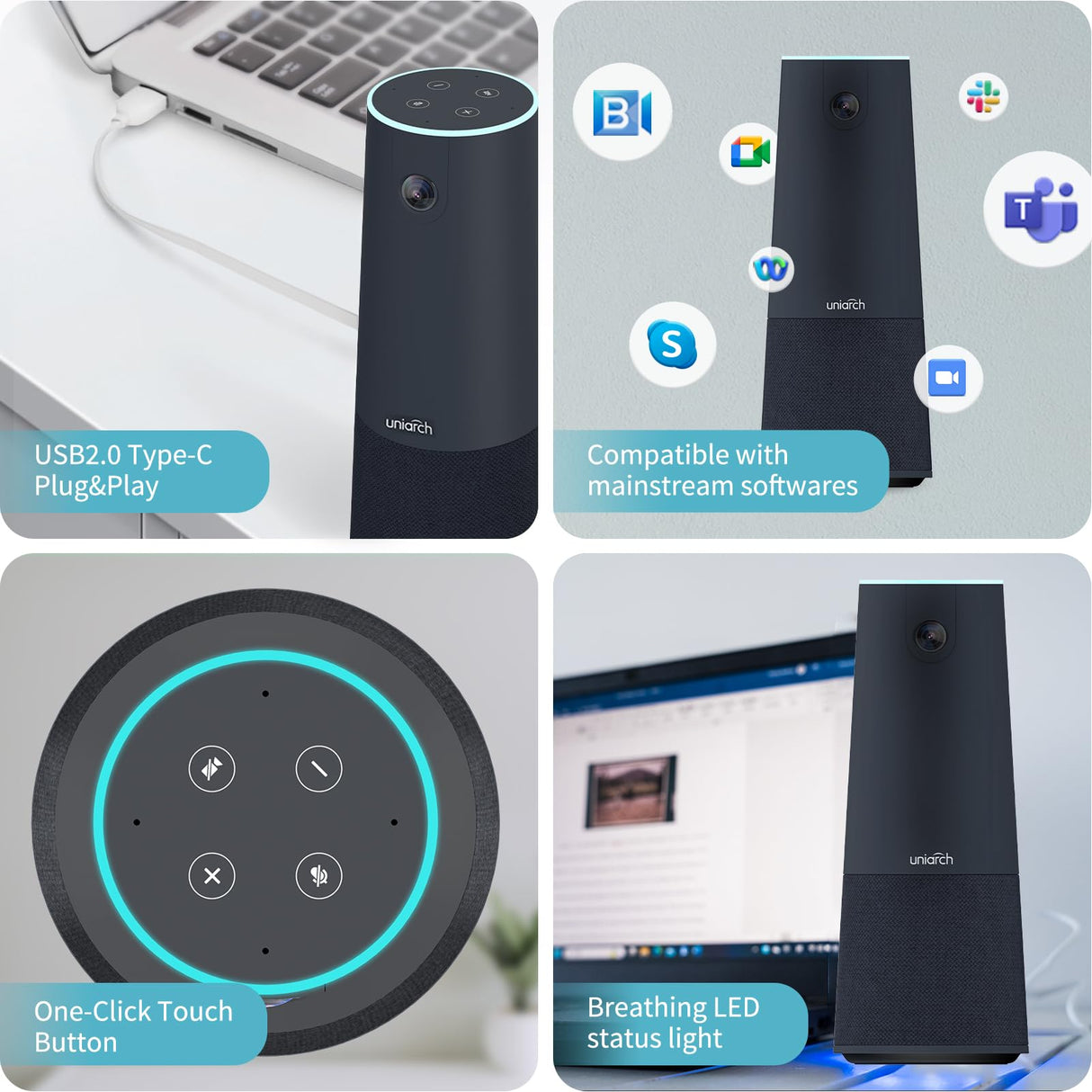 Uniarch Conferencing Camera with Build-in Microphone&Speaker, 2K Conferencing Webcam with Noise-Cancellation, All-in-One, 115° Wide-Angle Quad HD Webcam, USB Plug&Play, Speakerphone Meeting System