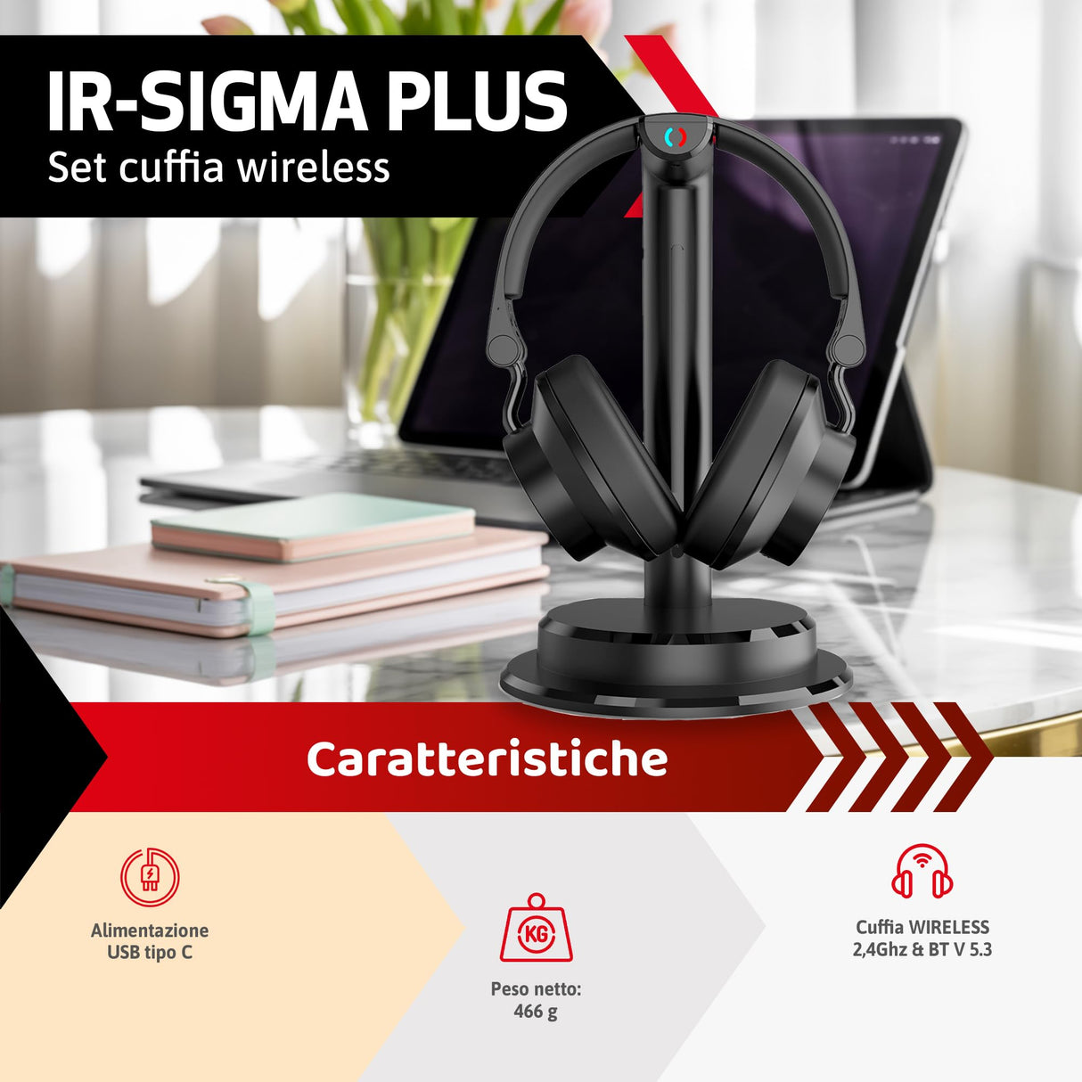 IRRADIO IR-SIGMA PLUS, Juego de auriculares inalámbricos BT para TV, música y juegos. Audio inmersivo, ecualización selectiva, modo BT o cableado, escucha compartida, distancia de transmisión hasta 30
