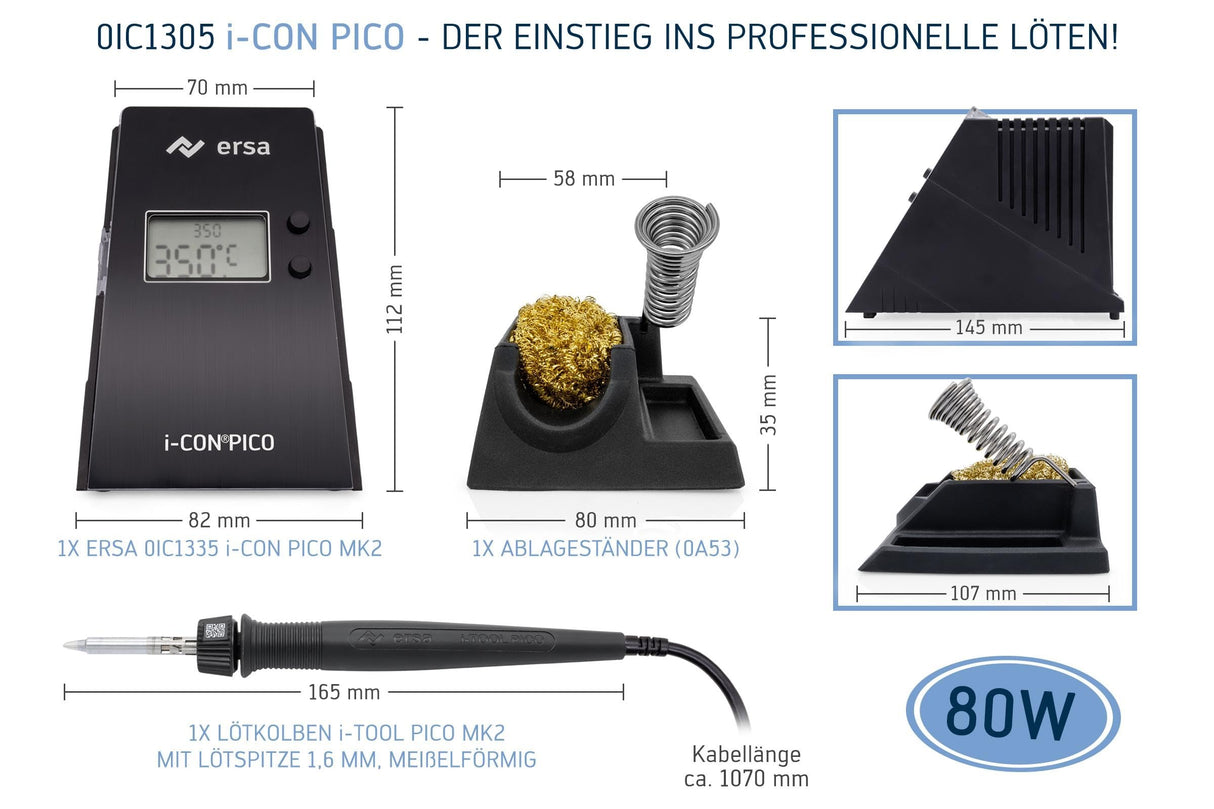 ERSA i-CON PICO MK2 - Estación de soldadura digital (80 W, 150-450 °C, con soldador i-TOOL PICO MK2 ergonómico con cambio Tip`N Turn + punta de soldadura de 1,6 mm con autonomía automática)