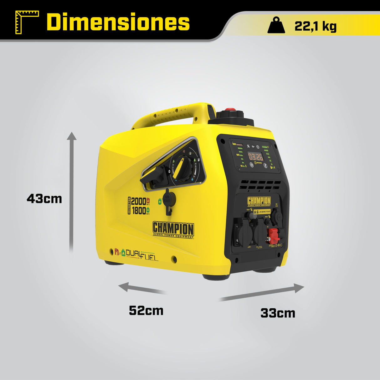 Champion Power Equipment Generador Gasolina + Gas (2000 W, inversor, generador con pantalla LED, doble combustible, extremadamente silencioso) 8200i-E-DF-EU