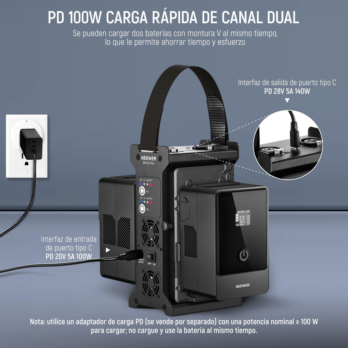 NEEWER V Mount Cargador Batería Doble Canal con Carga Rápida 100W PD USB C, Salidas DC 48V/DC24V/100W PD/D Tap, Cargador de Metal Multifuncional Compatible con SmallRig NEEWER PS099E VB99, BP-2CH Pro