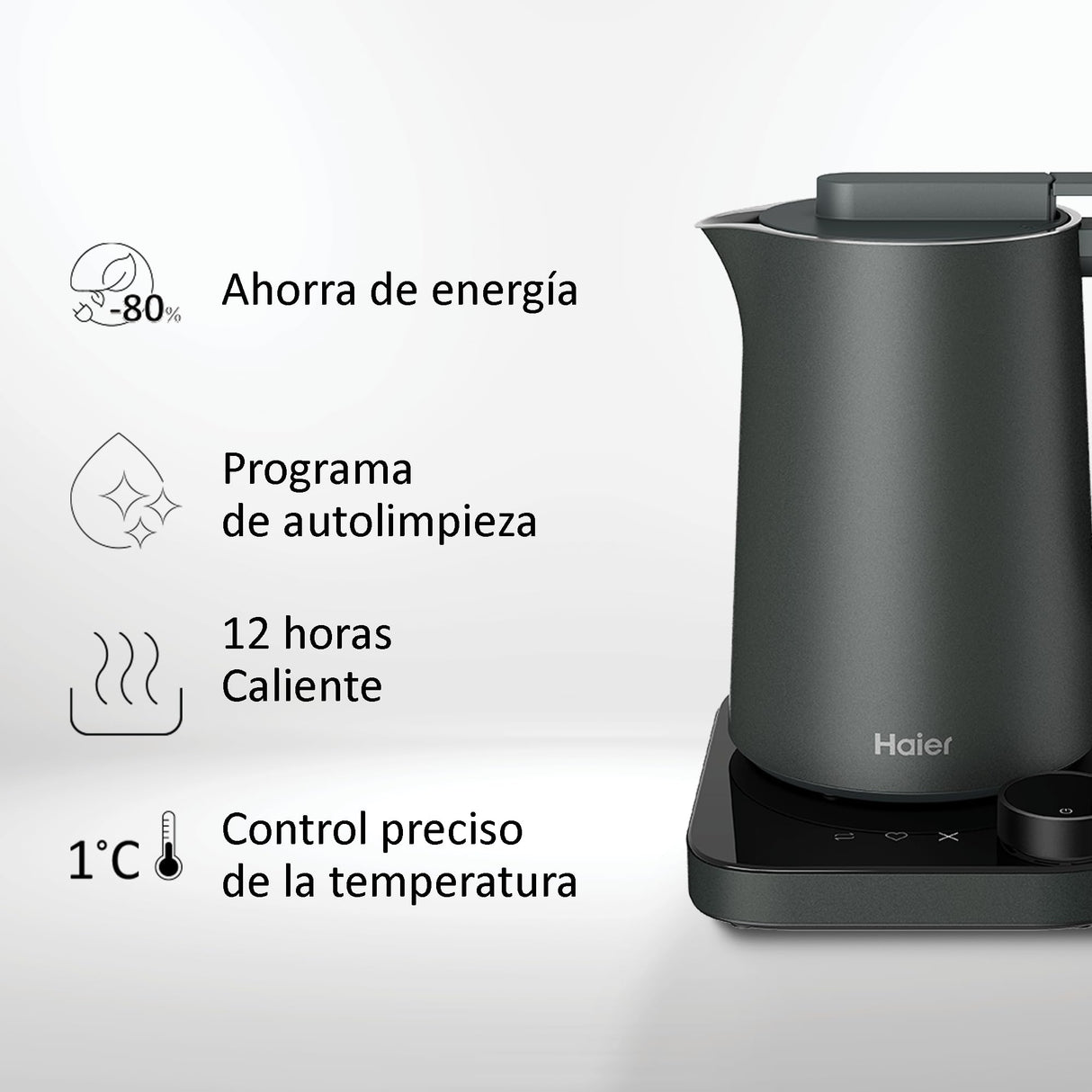 Haier Hervidor Inteligente Series 7 con Control de Temperatura por grado, Pantalla LCD, 6 programas automáticos, Mantener Caliente, Acero inoxidable, Ahorro de energía, 1,3 L, 2000 W, Gris